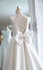 Satin Low V Long Length Flowergirl Dress with Draping Pearls - Eden