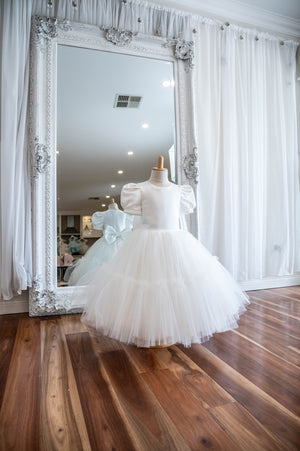 Satin and Tulle Puff Sleeve Flower Girl Dress - Audrey