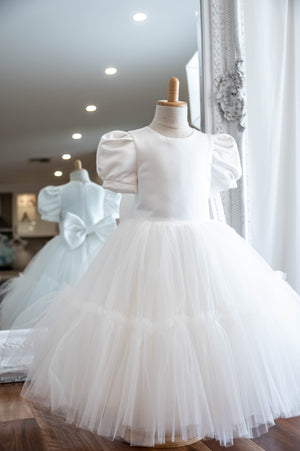 Satin and Tulle Puff Sleeve Flower Girl Dress - Audrey