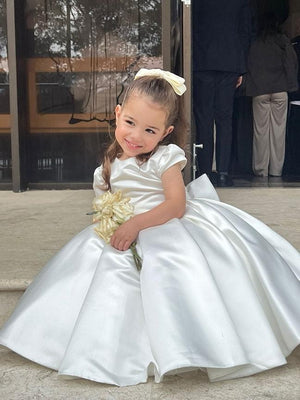 Satin Capped Sleeve Flowergirl Dress with Bow - Kiara